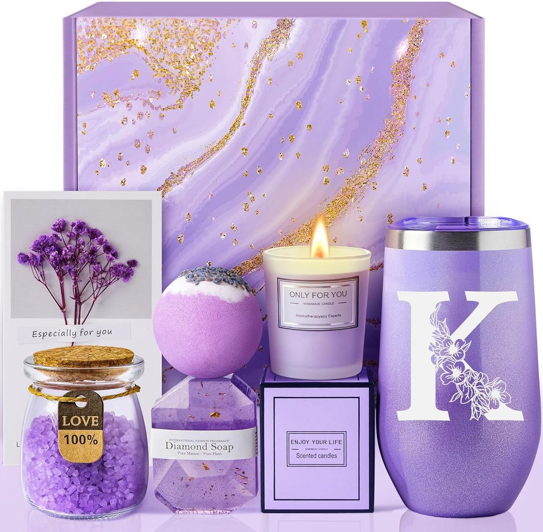 Gifts for Women, Mom, Wife, Girlfriend, Sister, Friends, Her - Unique Birthday, Christmas, Valentine's Day, Mothers Day Gifts - Initial Lavender Spa Gift Basket Set (K)