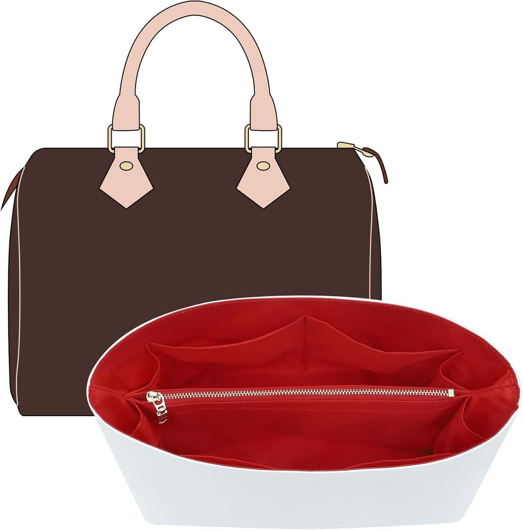 Purse Organizer Insert Compatible with lv Speedy 25/Monogram Bags and More, Light Waterproof DupontPaper Bag Insert Shaper Protector for Women Tote Handbags, 11 Pockets with Zip(White&Red, M)