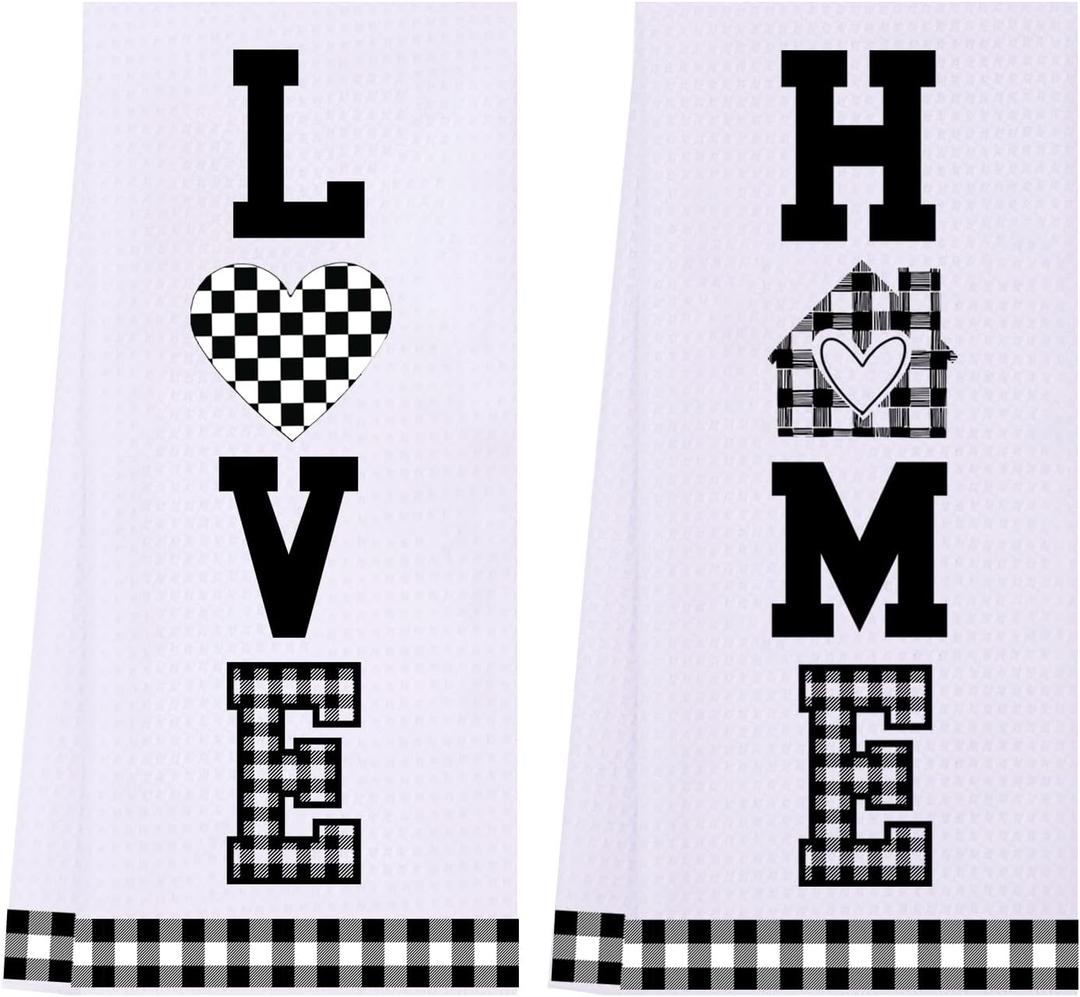 LXOMILL Farmhouse Kitchen Towels, Black and White Kitchen Decor, Buffalo Plaid Dish Towels, Decorative Country Checkered Kitchen Towels (2 Pack-love Home)