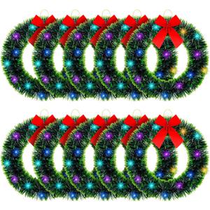 Jetec 10 Pcs Small Christmas Window Wreath with Red Bow Bulk 12 Indoor Lighted Christmas Wreath Artificial for Wall Front Door Farmhouse Kitchen Outdoor Holiday Decoration (Green)