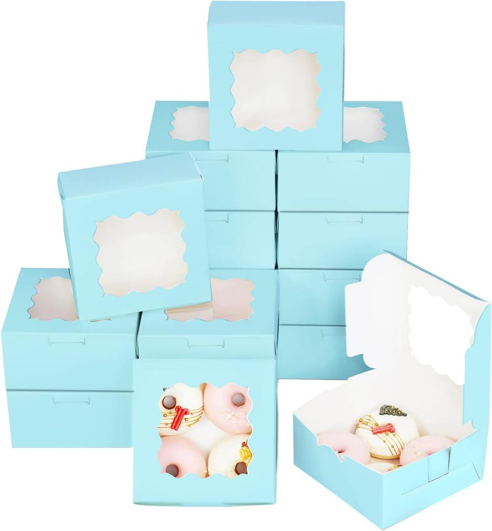Bakepacker 60pcs Light Blue Cookie Boxes 6x6x3 inches Easy Assemble Macaroon Pastry Boxes Bakery Boxes with Window for Bakery