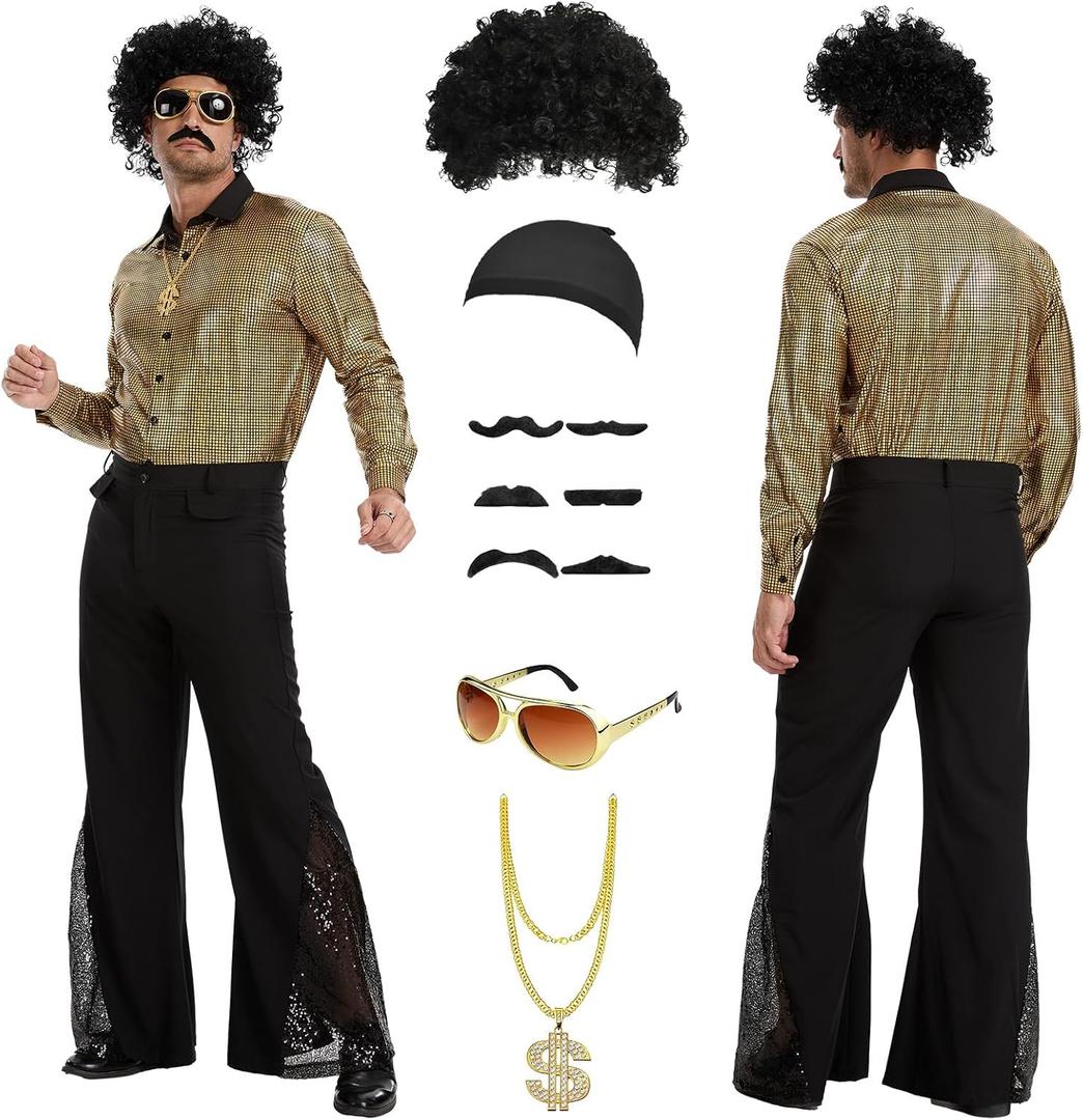 70s Disco Costume for Men 6 Pcs Shirt Bell-Bottom Pants Wigs Sunglasses Necklace Shirts for Disco Party (Golden, M)