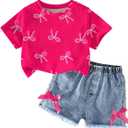 Azmxynol Kid Girls Clothes Outfits Bowknot T-Shirt + 2 In 1 Denim Short Skort Summer Clothing Set, Size 4-10 Years (White)