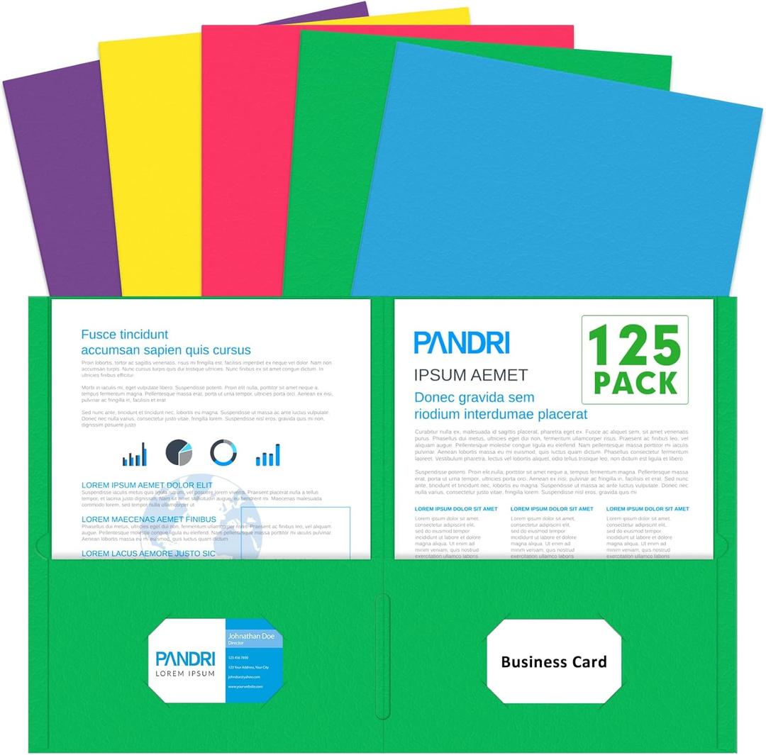 Two Pocket Folders, PANDRI 125 Pack 2 Pocket Folders, Letter Size Paper File Folder for School Office Home Business, Assorted 5 Colors