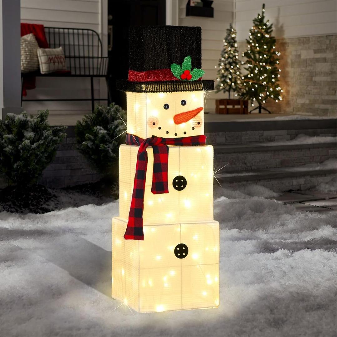Christmas Stacked Snowman Decorations, 3 Fit Pre-Lit Snowman with 75 LEDs Light Up Christmas Night, Christmas Decoration Suitable for Indoor, Outdoor, Courtyard, Garden