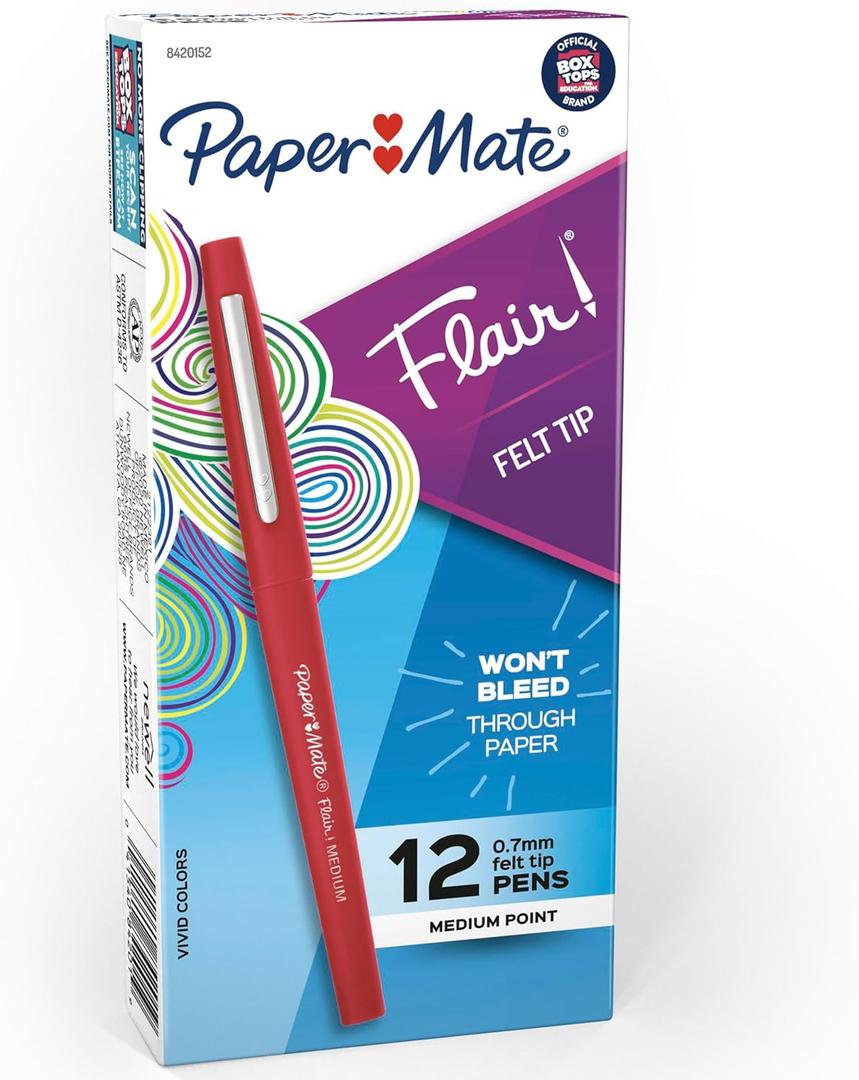 Paper Mate Flair Felt Tip Pens, Medium Point (0.7mm), Red, 12 Count
