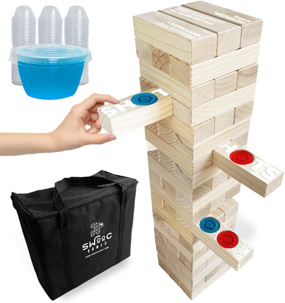 SWOOC Games - Giant Tower Party Game with Hidden Jello Shots - Includes Disposable Cups, Lids & Carrying Case - Stacks up to 5ft - Tipsy Topple Game for Adults - Giant Outdoor Games - Jumbo Bar Fun SWOOC Games - Giant Tower Party Game with Hidden Jello Shots - Includes Disposable Cups, Lids & Carrying Case - Stacks up to 5ft - Tipsy Topple Game for Adults - Giant Outdoor Games - Jumbo Bar Fun
