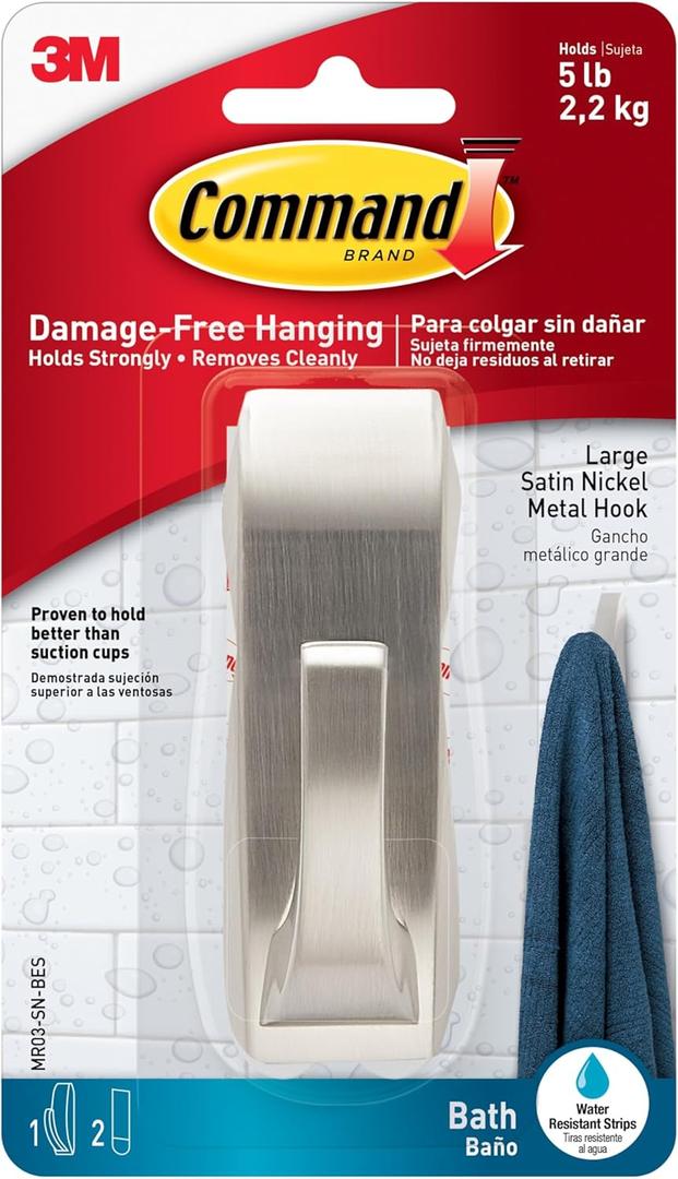 Command Modern Reflections Large Metal Bath Hook, Satin Nickel, 1-Hook with Water-Resistant Strips, Organize Damage-Free Command Modern Reflections Large Metal Bath Hook, Satin Nickel, 1-Hook with Water-Resistant Strips, Organize Damage-Free