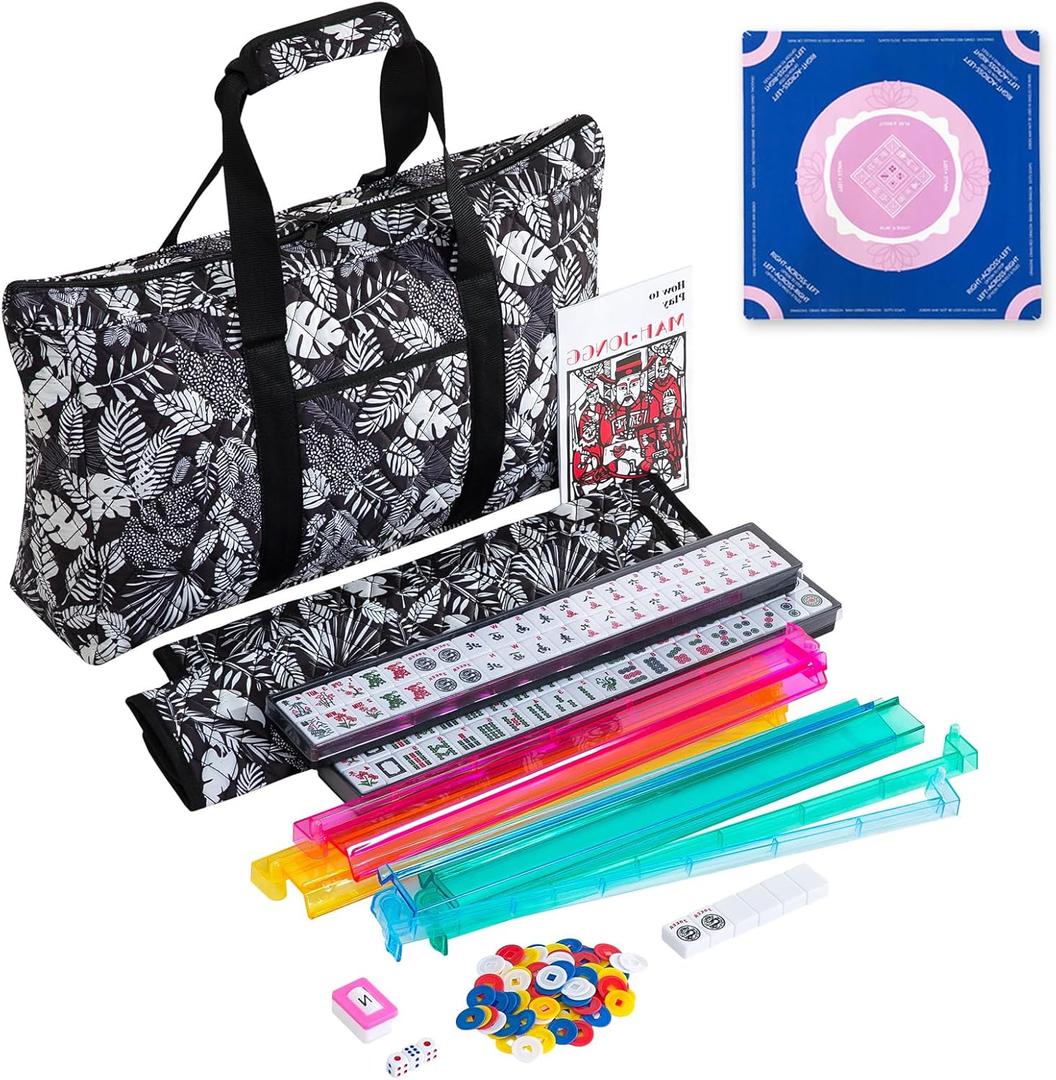American Mahjong Tile Set with Anti-Slip Mat - Complete Mah Jongg Game Set, 166 Premium Tiles, 4 All-in-One Racks with Pushers & Travel Bag - Complete American Mahjong Sets for Beginners & Travel