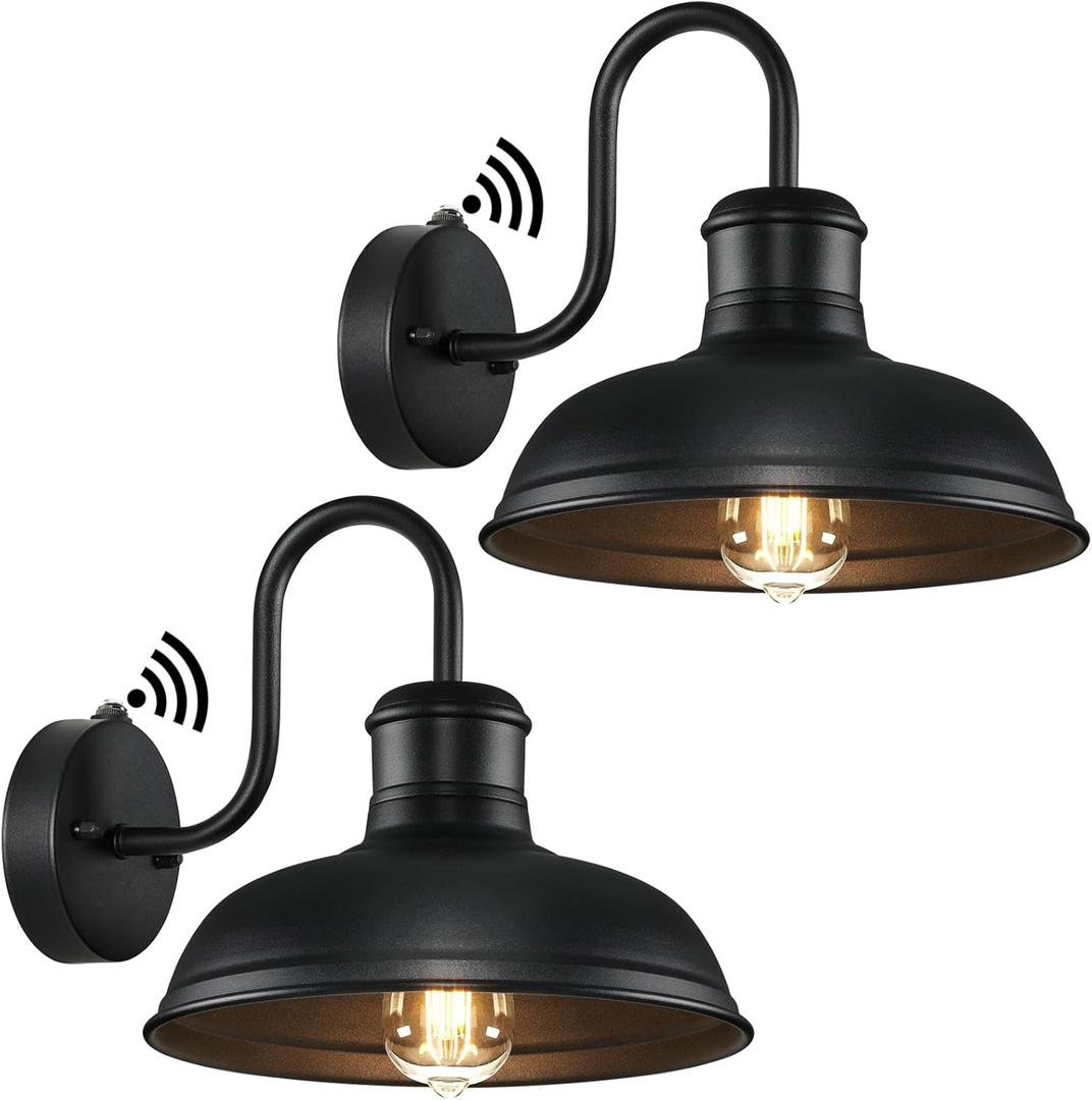 2-Pack Dusk to Dawn Outdoor Wall Sconces, Exterior Farmhouse Gooseneck Barn Light, Vintage Matte Black Outside Wall Mount Light Fixture, Anti-Rust Waterproof Outdoor Light for House Porch Garage (10.5 inch)
