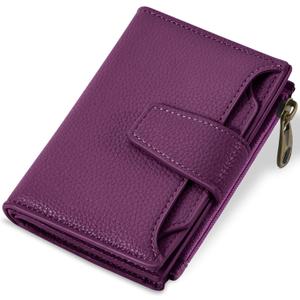Small Wallet Women RFID Blocking Soft Leather Bifold Compact Card Holder Wallet for Women with Zipper Coin Pocket 4 ID Window (Deep Purple)