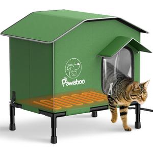 Pawaboo Heated Cat House for Outdoor in Winter, Weatherproof Cats Shelter for Outside with Waterproof Awning & Elevated Base, Insulated Outdoor Cats House with Heater for Feral Barn Cat (S+20.9x19.3x12.6in, Green)