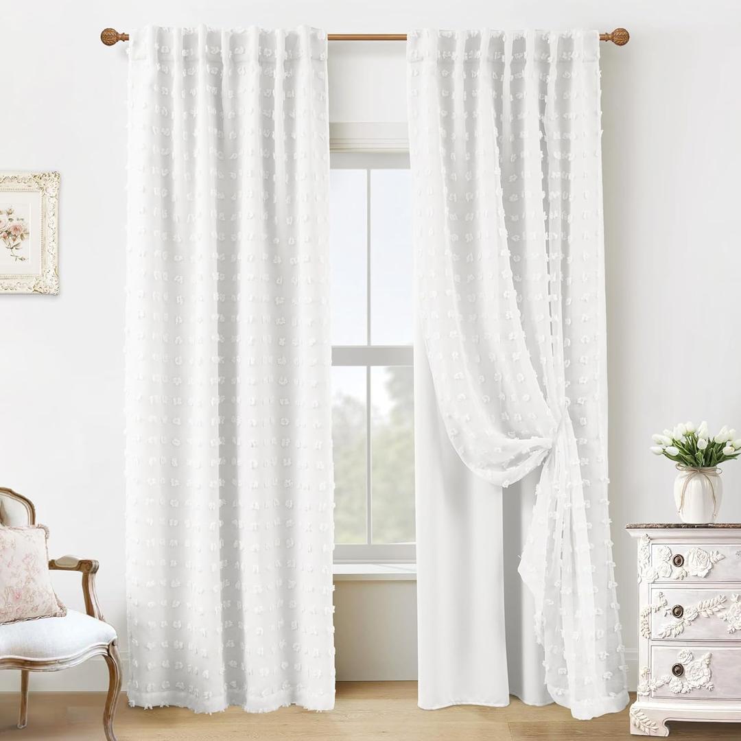 White Blackout Pleated Ruffle Curtains for Bedroom with Design,Room Darkening Pom Pom Textured Ruffled Farmhouse Boho French Country Decorative Curtains for Living Room 84 Inches Long