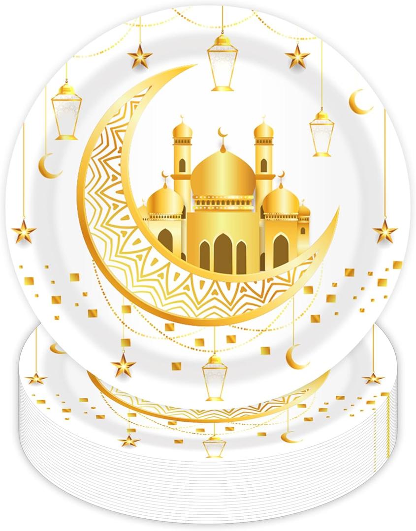 24pcs 9 Inch Eid Mubarak Paper Plates Set, Ramadan Theme Disposable Paper Plates for Eid Mubarak Decorations, Festive Party Supplies with Islamic Design for Home Gatherings, Ramadan Iftar Dinners