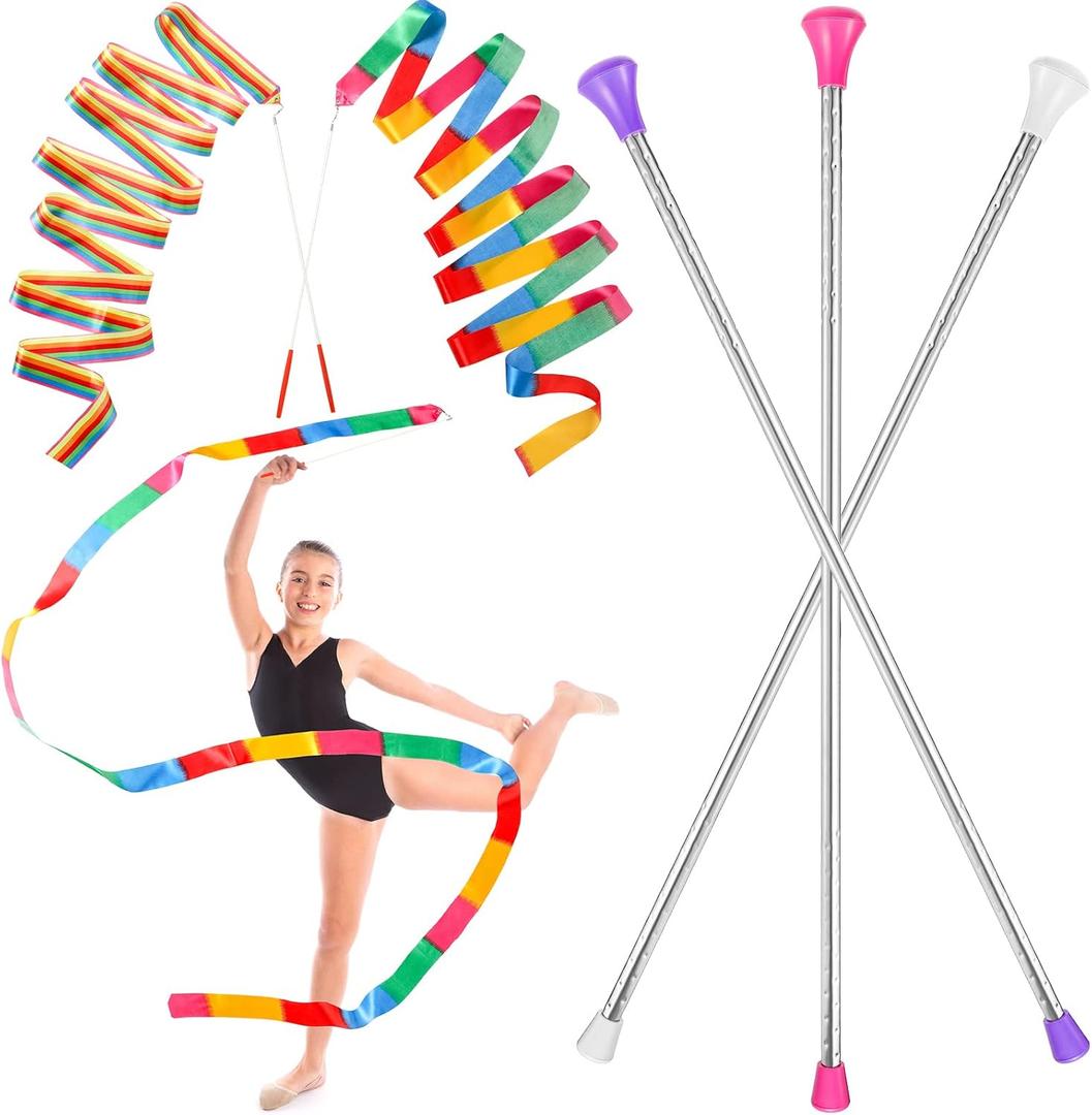 HyDren 5 Pcs Stainless Steel Twirling Baton with Dance Ribbons Rainbow Streamers Ribbon Dancer Wand Center Balanced Batons for Twirling for Dancing Band Gymnastic (26 Inch)