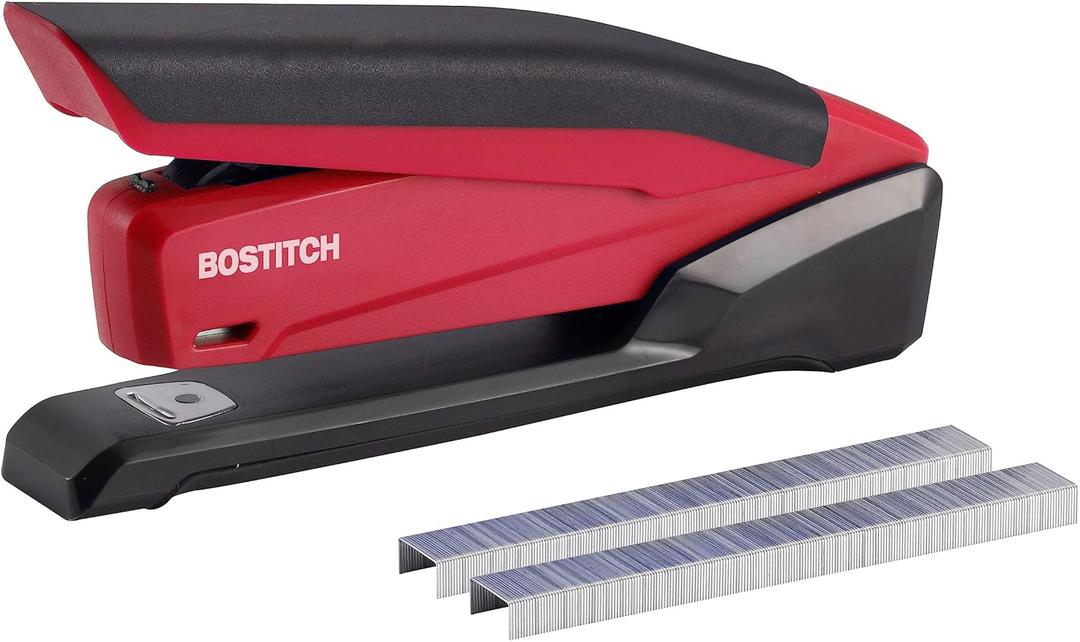 Bostitch Office Executive 3 in 1 Stapler, Includes 210 Staples and Integrated Staple Remover, One Finger Stapling, No Effort, 20 Sheet Capacity, Spring Powered Stapler, Red (Plastic-Full Strip)