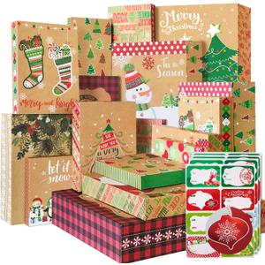 12 Kraft Christmas Gift Boxes with Lids for wrapping Large Clothes and 80 Foil Christmas Gift Stickers (Assorted size for wrapping Robes, Sweater, Coat, Shirts and Clothes Xmas Holiday Present)