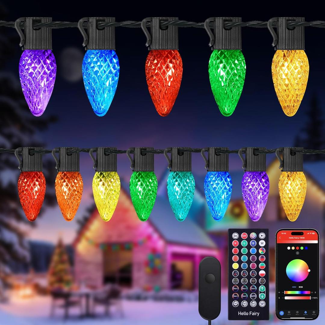 Brightever Smart C9 Outdoor Christmas Lights, Extra-Long 132FT 200 LED RGB Christmas Lights with Remote and Music Sync APP Control, 105 Modes Waterproof Outdoor String Lights for House, Xmas Decor