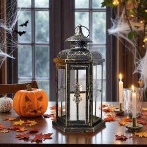 JHY DESIGN Medium Decorative Lanterns 12“H Outdoor Candle Lanterns Vintage Metal Candle Holder for Indoor Outdoor, Events, Parities and Weddings(Black with Gold Brush)