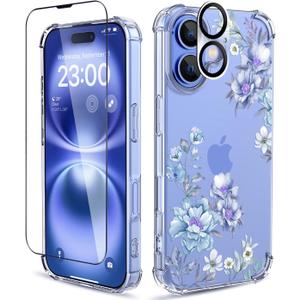 for iPhone 16 Case,[3 in 1] with Screen Protector & Camera Lens Protector, Flower Pattern Design,Clear Soft Shockproof Slim Floral Phone Cover for Women Girls 2024 6.1"(Magnolia/Blue)