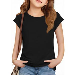 ZDC Girls Short Cap Sleeve T Shirts Kids Crewneck Summer Tops Basic Tees 5-14 Years (Black, L)