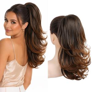 LONAI Ponytail Extension for Women,18 Inch Layered Wavy Pony Tail Hair Extensions, Natural Drawstring Ponytail Synthetic Hairpiece for Daily Wear (Almond brown)