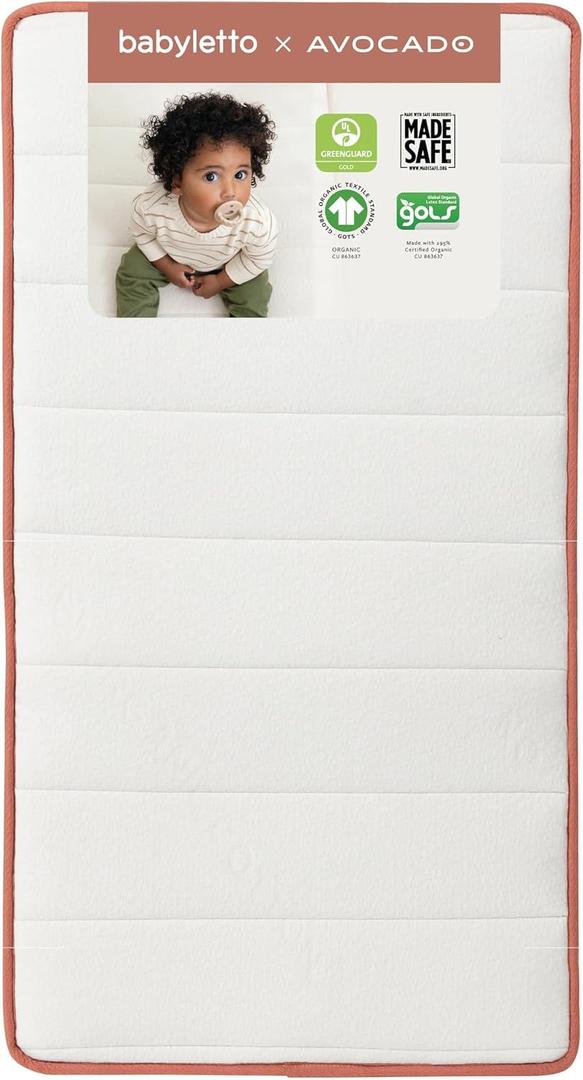 Babyletto x Avocado Organic Crib Mattress, 2-Stage, Dual Design for Infants and Toddlers, Flippable, Non-Toxic, Greenguard Gold Certified, Made Safe Certified, GOTS Certified, Standard Crib Size - 52 x 28.25 x 5.5