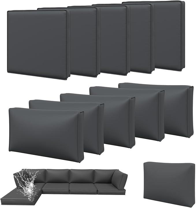 Aoxun 11pcs Patio Cushion Covers Replacement, Waterproof Outdoor Furniture Cushion Covers with Zipper and Non-Slip Bottom, Patio Sofa Couch 3 Sizes for Patio Sectional, Covers Only (Grey)