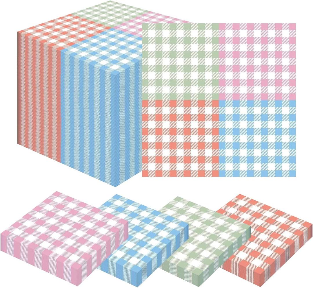 5 x 100 Pcs Gingham Pastel Checkered Napkin 2 Ply Disposable Scalloped Cocktail Napkins Plaid Paper Decoration for Wedding Birthday Beverage Fiesta Baby Shower 6.5 x 6.5 Inches