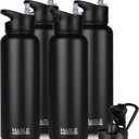 HASLE OUTFITTERS 32 oz Insulated Water Bottles Stainless Steel Double Walled Vacuum Sports Water Bottle with 2 Lids (Straw and Spout Lid) for Gym Camping Hiking(Black) 4pcs