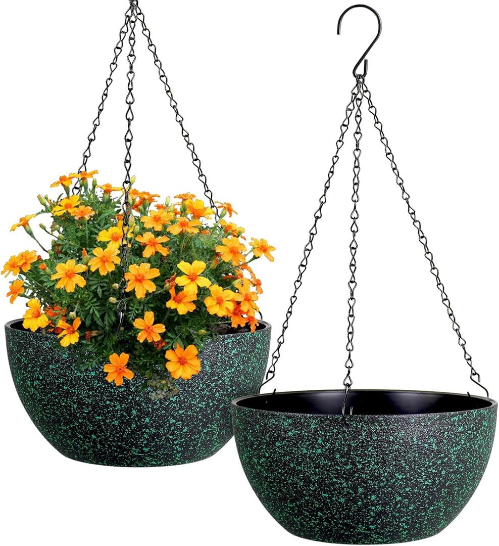 Meowell 12 inch Large Hanging Planters for Indoor Outdoor Plants, 2 Pack Hanging Flower Pots with Drainage Holes and Chain, Plastic Hanging Baskets for House Plants, Black with Green Speckles