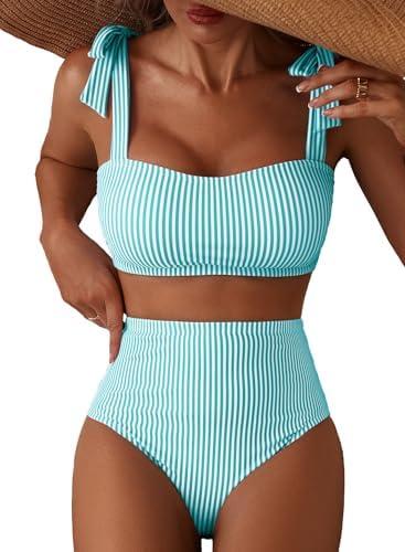 Herseas Women's Tie Shoulder Bikini Sets 2 Piece Striped Swimsuits High Waisted Bathing Suits M