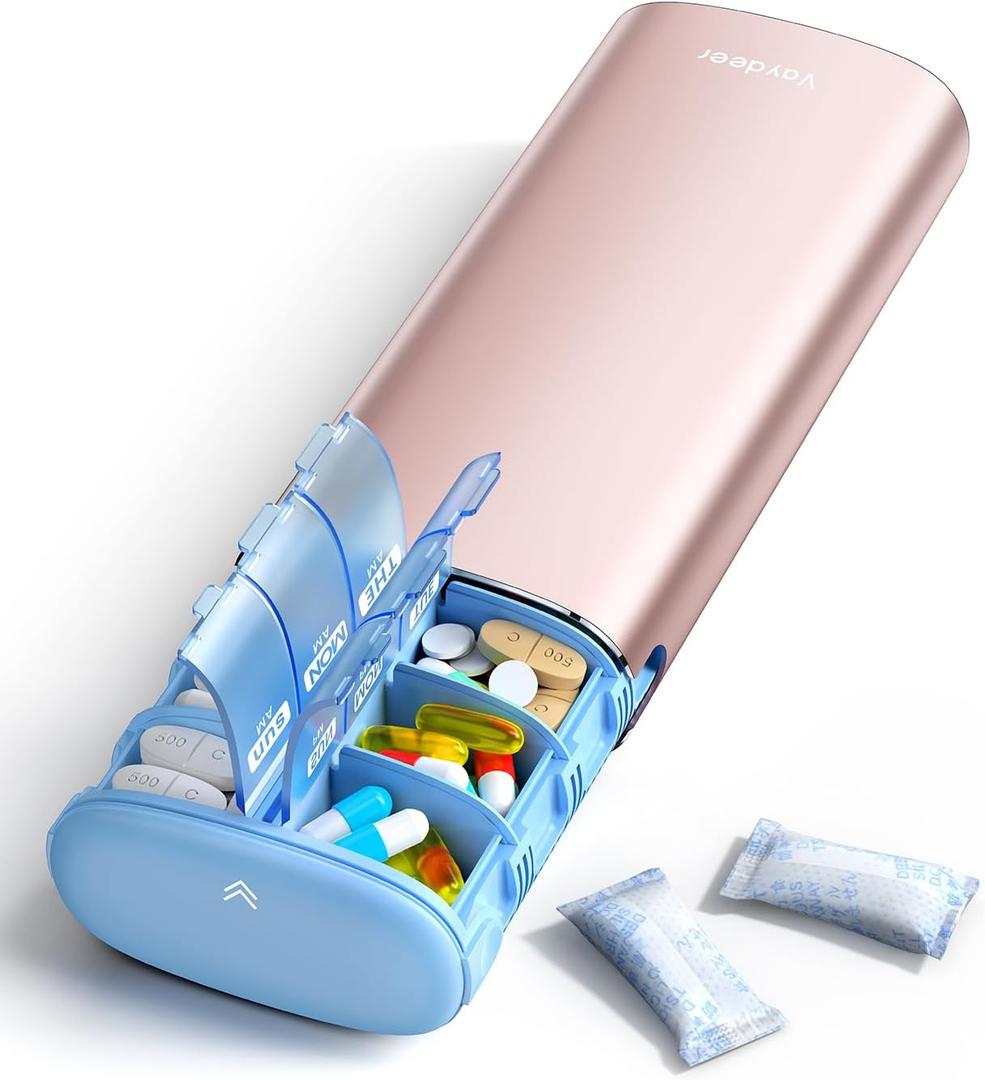 Vaydeer Metal 7 Day Pill Organizer 2 Times a Day  AM PM Weekly Travel Pill Case with Moisture-Proof Desiccant, Airtight Large Capacity Pill Box for Vitamins, Medications & Supplements (Rose Gold)