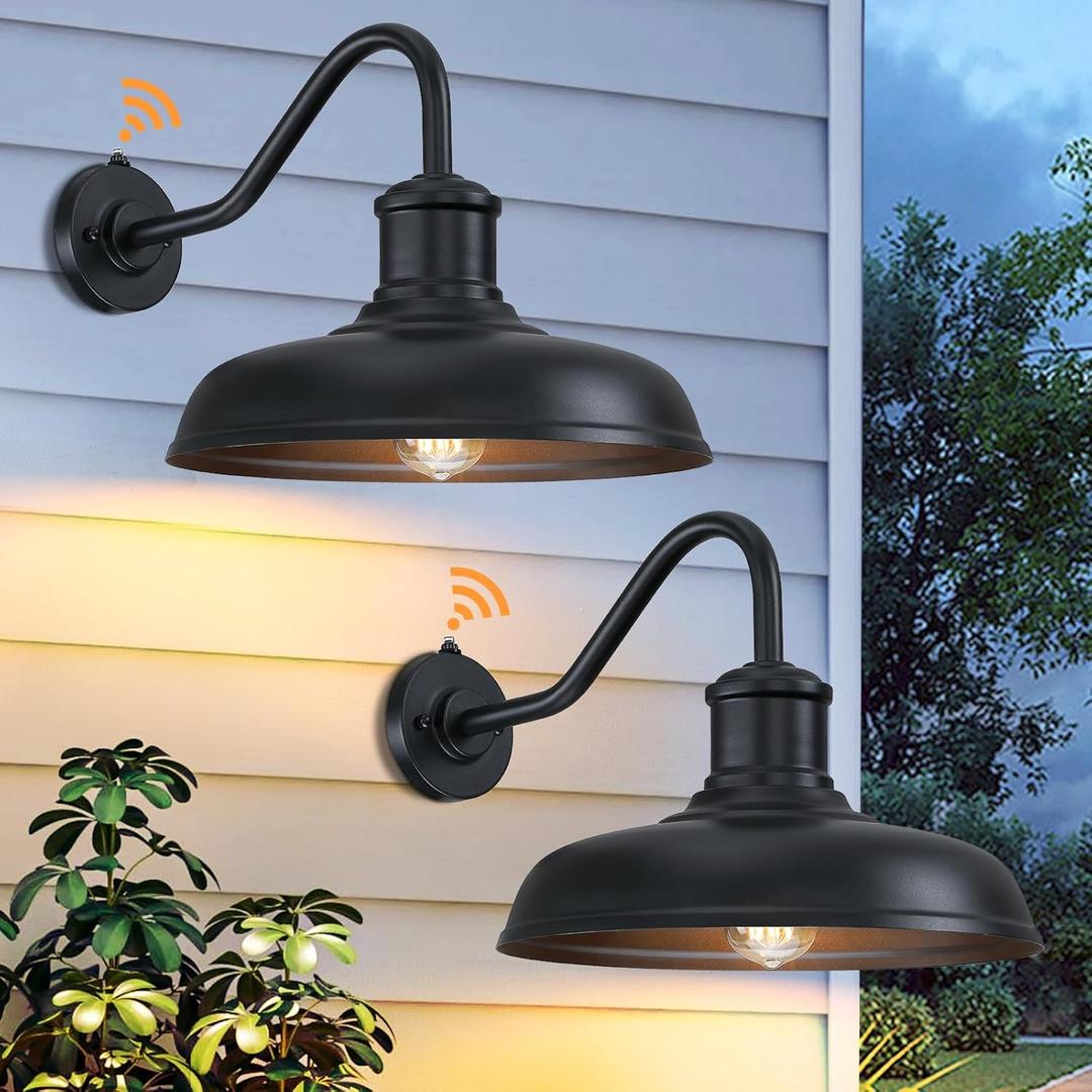 13.8'' Diameter Large Dusk to Dawn Outdoor Gooseneck Barn Light 2 Packs, Outdoor Wall Sconce Farmhouse Exterior Light Wall Lighting Fixture Industrial Outside Lantern for Porch, Patio, Garage, Black