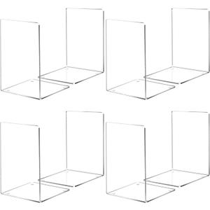 HappyHapi Book Ends, 8 Pcs Book Ends Acrylic Bookends for Shelves, Clear Book Holder Stand, Non-Skid Decorative Bookend, Study Book Organizer for Home Library Office, 5 x 5 x 7.3 inch