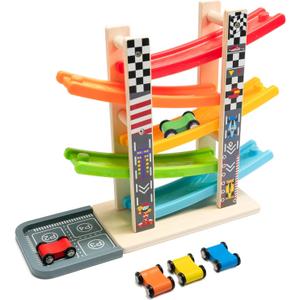 WOOD CITY Toddler Toys for 1 2 3 Years Old, Wooden Car Ramp Racer Toy Vehicle Set with 5/7 Mini Cars & Race Tracks, Montessori Toys Craft Gift for Toddlers Boys and Girls (ramp Racer-5 Layers)