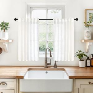 YoungsTex Linen Curtains 36 Inch Length for Kitchen Cafe Window, Small Half Drapes Textured Semi Sheer Light Filtering with Rod Pocket Back Tab for Bathroom, 2 Panels, 34 X 36 Inch (Ivory White)