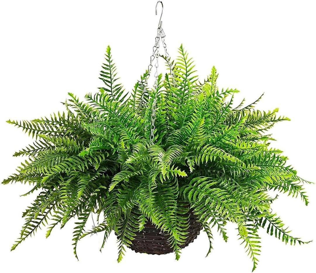 QIANYUN 1PCS Fake Hanging Plant- Boston Ferns UV Resistant Plastic Plants for Bedroom Living Room Garden Decor- Including Hanging Planters (Persian-Green)