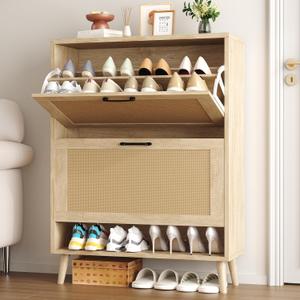 Gadroad Shoe Storage Cabinet with 2 Flip Drawers, Freestanding Hidden Shoe Organizer with Wood Legs, Farmhouse Narrow Shoe Rack for Entryway, Living Room, and Bedroom (Natural)