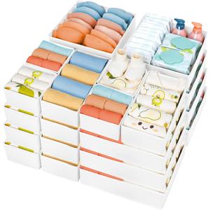 DIMJ Drawer Organizer Clothes, 24 Pack Dresser Organizer, Foldable Closet Organizers and Storage, Fabric Dresser Drawer Organizers, Drawer Dividers for Nursery, Baby Clothes, Underwears, Sock (White)