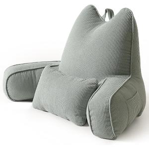 Patented Design Cat Ear Inspired Corduroy Reading Pillow with Arms, Aesthetic Bed Rest Pillow for Sitting in Bed, Detachable Lumbar Support, Ergonomic Backrest Cushion, Grey Green, Large