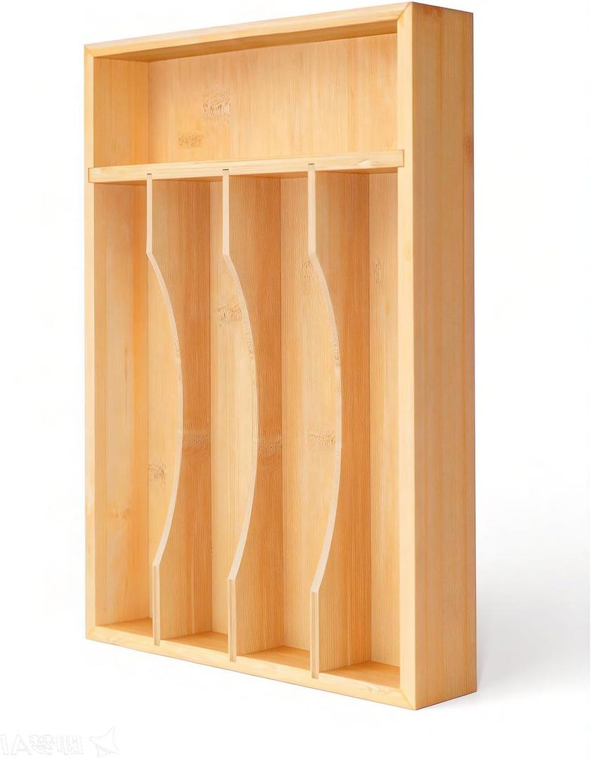Krismax Bamboo Silverware Drawer Organizer5 slots Wood Storage Containers, Junk Drawer Divider Organzers, Untensils Cutlery Tray, Kitchen Flatware