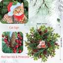 Lnymura 24 Inch Lighted Christmas Wreath Cat Sign Wreath with Timer Cedar Branches Pine Needles Red Berries and Holly Leaves Christmas Dcor Holiday Hanging Decoration for Door Wall Mantel