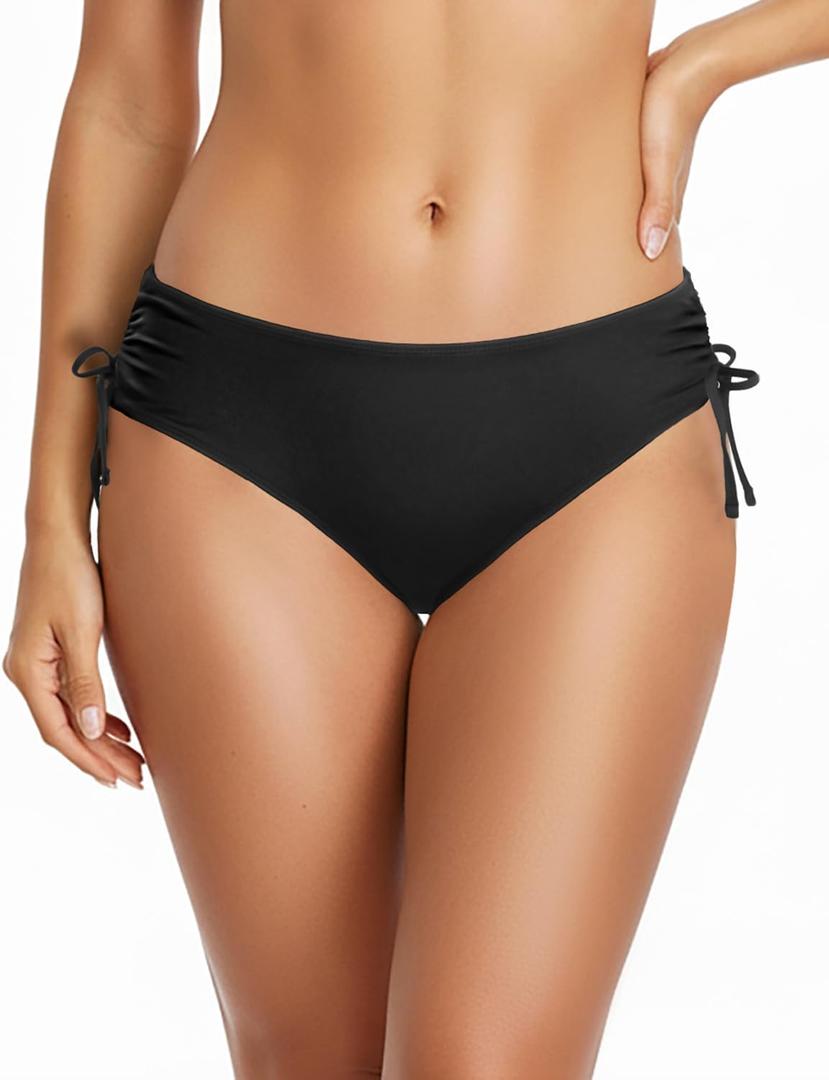 Daci Women Mid Waist Bikini Bottoms - Full Coverage Swim Bathing Suit Bottom Side Tied Swimsuit Bottoms (Large, Black)
