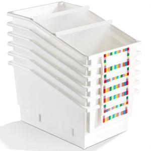 6 Pack Picture Book Bins with Dividers Plastic Book Holders with Labels Stackable Classroom Organization Bins Magazine File Binder Holder Storage Container for Classroom Library Home Office(White)