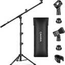 CAHAYA Mic Stand Floor Adjustable - Tripod Boom Arm Microphone Stand with Carrying Bag 2 Mic Clips 3/8" to 5/8" Adapter for Singing Podcast Compatible with Blue Yeti Shure SM58 SM48 Fifine K669B (Black)