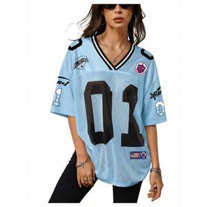 RoseSeek Women's Y2k Football Jersey Shirts V Neck Mesh Oversized Tshirts (Blue, S)