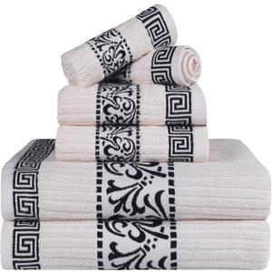 Superior 6-Piece Cotton Towel Set, Decorative Greek Pattern, Home Essentials, Absorbent Towels, Bathroom Decor, Spa, Resort, Includes 2 Hand, 2 Face and 2 Bath Towels, Athens Collection, Ivory-Black