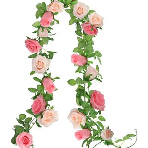 Greentime 2Pack Artificial Rose Flower Garland 6.5FT Fake Rose Vine for Wedding Arch Table Centerpiece Wall & Spring Decorations for Home Party Stairs Fireplace and Mirror Decor (Peach Deep Pink)
