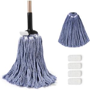 Eyliden Heavy Duty Floor Mop, Non-Touch Replacement, 2 Reusable Cotton Heads, 4 Scouring Pads, Industrial Wet & Dry Mops for Home & Commercial, Kitchen, Garage & Office Floor Cleaning, Blue